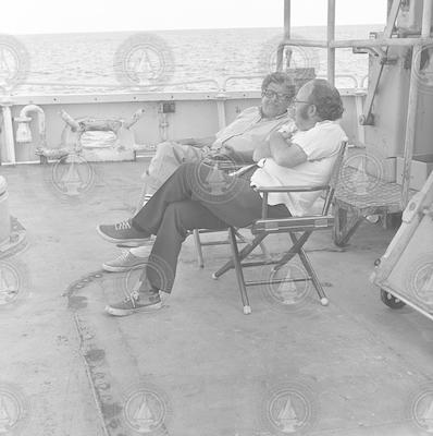 Elazar Uchupi (right) and another person on R/V Atlantis II in the Canary Islands.