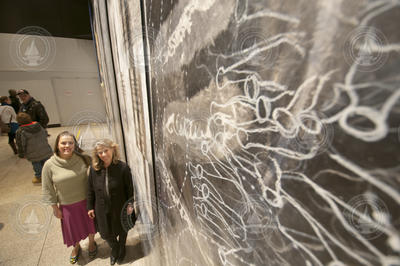 Ellie Bors and artist Laurie Kaplowitz at Museum of Science Synergy project exhibit.
