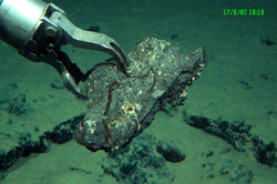 Manipulator arm collecting a rock during Alvin dive 3821.