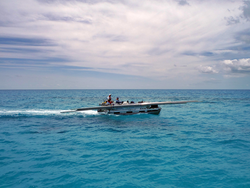 Research boat headed toward a blue hole in the Bahamas.