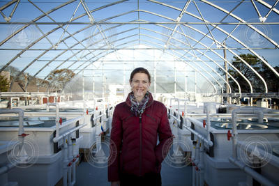 Amanda Spivak standing in front of the Mesocosm system.