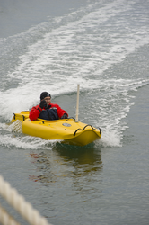 Trevor Harrison test driving the jet-powered kayak (JetYak) in Great Harbor.
