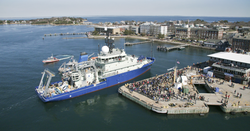 Aerial of R/V Neil Armstrong arriving at WHOI dock for the first time.