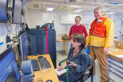 Robert Todd, Glen Gawarkiewicz and Magdelena Andres analyzing CTD data.