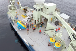 Screen grab of a GoPro drone movie of R/V Knorr during mooring deployment.
