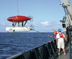 Recovery of AUV ABE to the deck of R/V Atlantis.