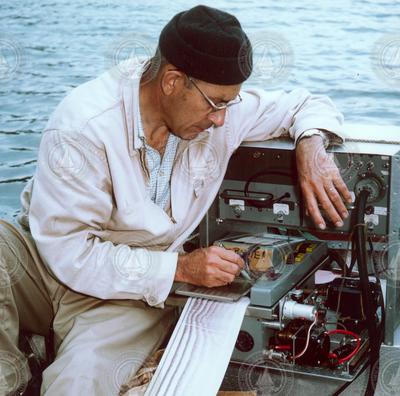 Kenneth O. Emery on Oyster Pond with portable ecosounder
