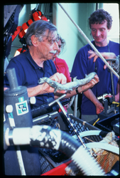 Holger Jannasch looking at the samples retrieved from Alvin.