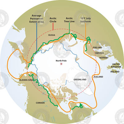 Illustration showing the bordering global country boundaries of the Arctic region.