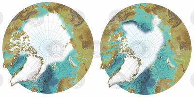 Arctic ice coverage maps 2000 and 2005.