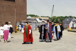 Athelstan Spilhaus leading Joint Program Commencement processional at WHOI dock.