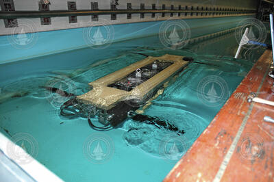 Underwater vehicle Finnegan (without skin) undergoing testing in pool.