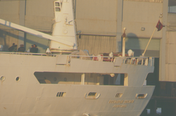 Akademik Vernadskii in unknown port, side view of stern