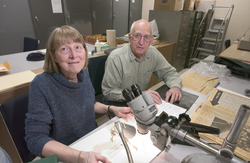 Pam Polloni and Dick Backus working in the Herbarium.