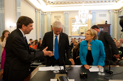 Subcommittee chair Mark Begich welcoming James Cameron and Susan Avery.