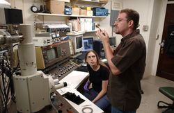 Mike Braun and Jessica Warren working in the lab.