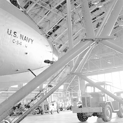 Nose of C54Q aircraft in National Guard hangar at Otis Air Force Base