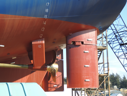 Port side strut, Controllable Pitch Propeller (CPP) and rudder.
