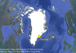 Google Earth map showing location of Tasiilaq, Greenland.