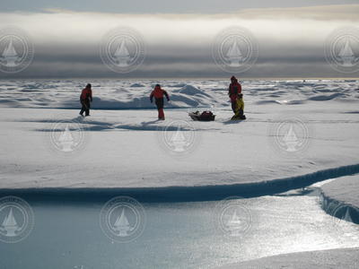 Team of researchers on the ice in the Arctic.