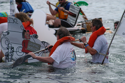 The Graphics team racing the Lulu2 through Great Harbor.