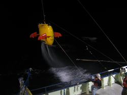 Nighttime AUV Sentry recovery operations with Clindor Cacho on the line.