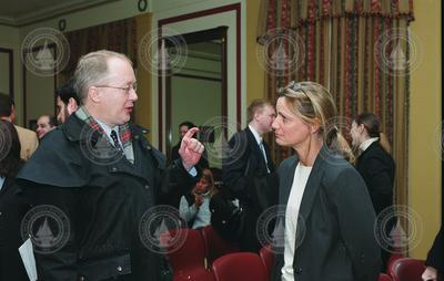 Ruth Curry (right) speaking with one of the guests at the briefing