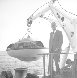 Jacques Cousteau with Cousteau saucer aboard Calypso