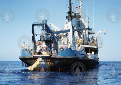 Deployment of flotation off R/V Chain during MODE, 1973.