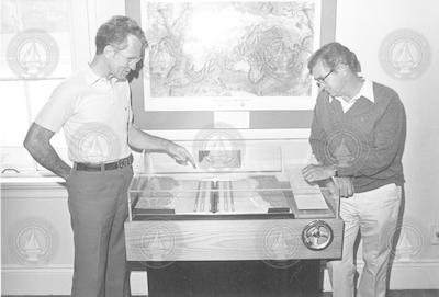 Jim Heirtzler and John Steele with a Plate tectonics exhibit.