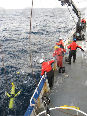 OOI Pioneer Array glider is recovered to the deck of Endeavor.