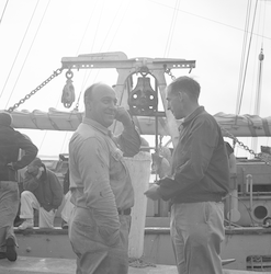 Bill Shields and Dick Backus on the WHOI dock.