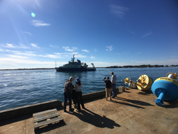 R/V Neil Armstrong departure from WHOI dock, heading for the North Atlantic.