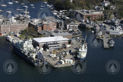Aerial view of the WHOI dock with Atlantis (at left) and Oceanus docked.