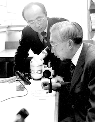 Visiting Emperor Hirohito at microscope with Sus Honjo assisting him.