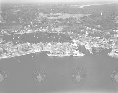 Aerial view of Aries, Atlantis, Bear, and Crawford at WHOI dock
