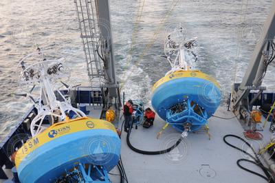 OOI surface moorings stowed on the deck of R/V Neil Armstrong.