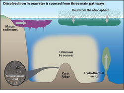 Illustration depicting sources of dissolved iron in seawater.