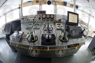 Knorr helm and main control panel on the bridge.
