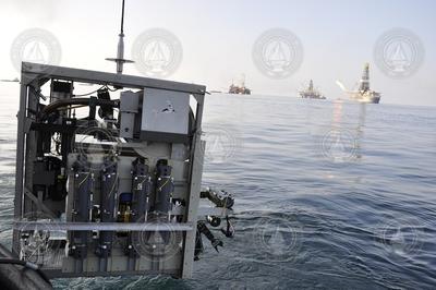 Holocam mounted on ROV being deployed in Gulf.