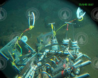 Corers and Alvin sample basket viewed during Alvin dive 3827.