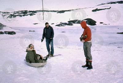 Val Worthington (on "sled"), Gordon Volkmann, and Red Wright.