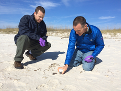 Greg O'Neil and Chris Reddy collecting oil residue samples on the beach.
