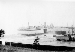 Woods Hole ferry vessel during Hurricane Carol.