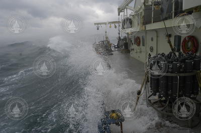 Blue water over the rail of Oceanus. 20 foot waves pummeled the ship in the Gulf Stream.