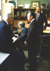 Paul Fye, Sus Honjo, Howard Sanders, and (sitting) Emperor Hirohito of Japan.