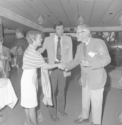 Joan Grice and George Grice greeting Alfred Redfield (R).