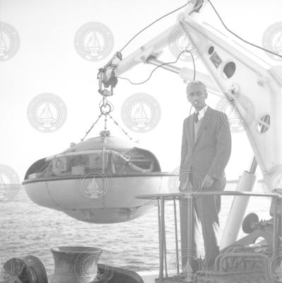Jacques Cousteau with Cousteau saucer aboard Calypso