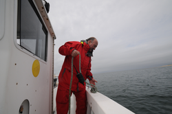 Alex Bocconcelli deploying a recording device in Wellfleet Harbor.