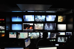 Monitors displaying images from ROV Jason in the Jason control van.